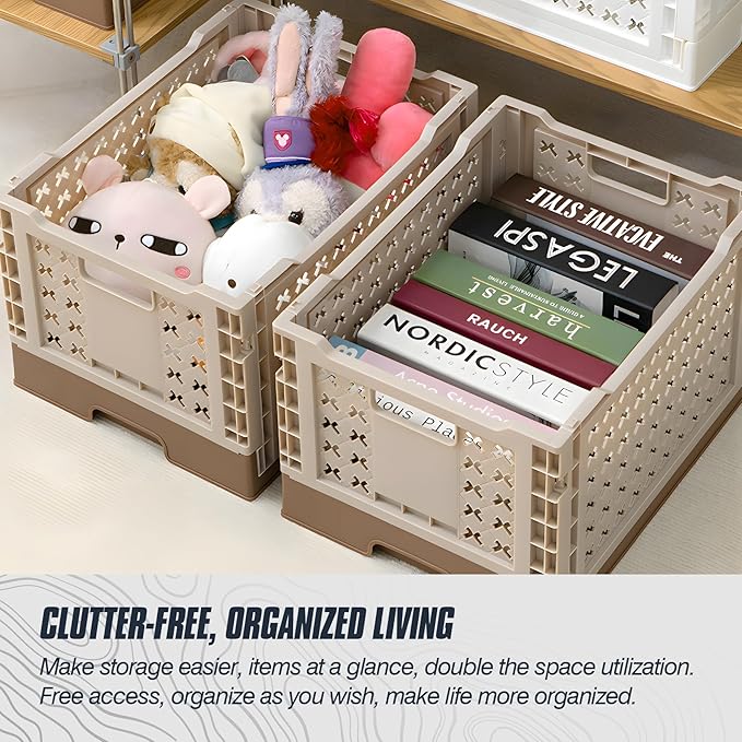 Domiella 2-Pack Foldable High-Strength PP Ventilated Baskets - Collapsible Storage Bins for Kitchen, Camping, Office & Home, Wear Resist Indoor Outdoor Organizer, Small White & Brown