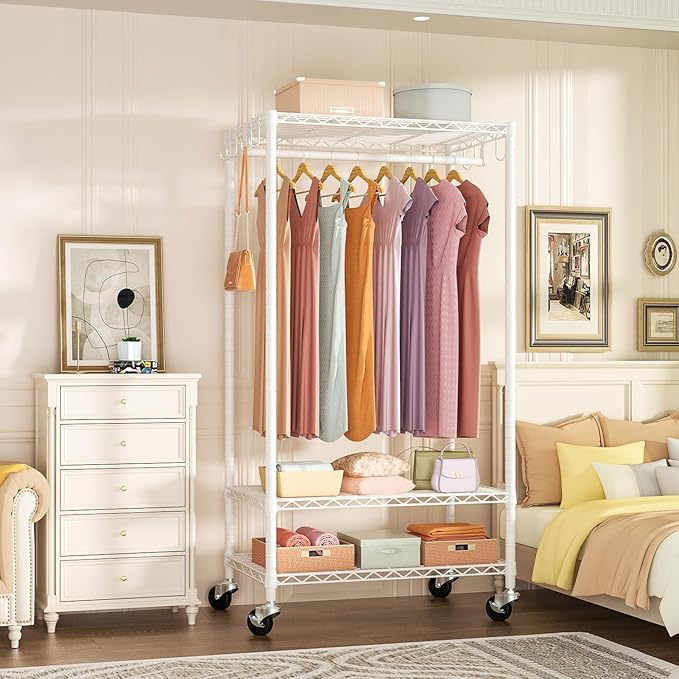 FUTASSI Rolling Clothes Rack, Clothing Racks for Hanging Clothes, White | P6 Heavy Duty Garment Rack with Wheels, 3 Tier Freestanding Portable Closet Rack with Shelves, 35.5 In Wide, Max Load 380 LBS