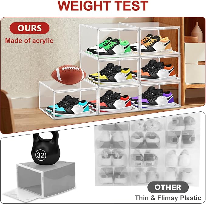 8 Pack Clear Shoe Boxes Shoe Organizer for Closet Size 12 Transparent Sneaker Display Case Stackable Storage Cubbies Grow Box with Magnetic Lid