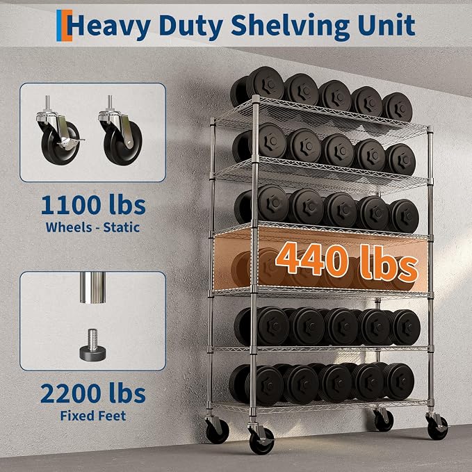 Garvee 6-Tier NSF Metal Wire Shelving with Wheels,47" Wx18 Dx71 H, 2640LBS | Chrome Rolling Shelves, Adjustable, Heavy Duty Shelving Rack, Commercial-grade, for Kitchen Garage Laundry Storage, Silver