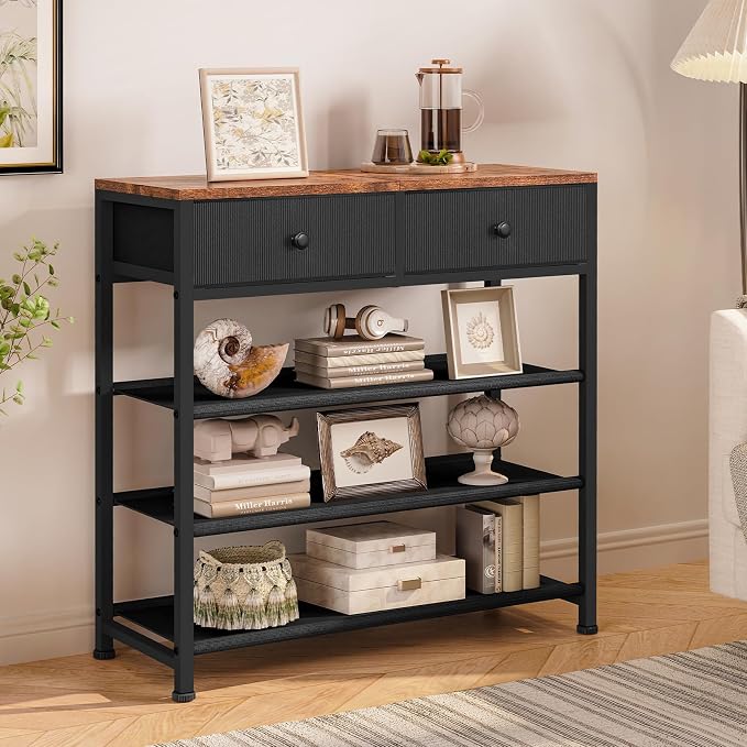 usikey Shoe Rack, 4 Tier Shoe Storage Organizer with 2 Drawers, Metal Shoe Shelf for 9-12 Pairs of Shoes, with 3 Oxford Fabric Shelves and Wooden Top, Shoe Stand for Closet Entryway, Black