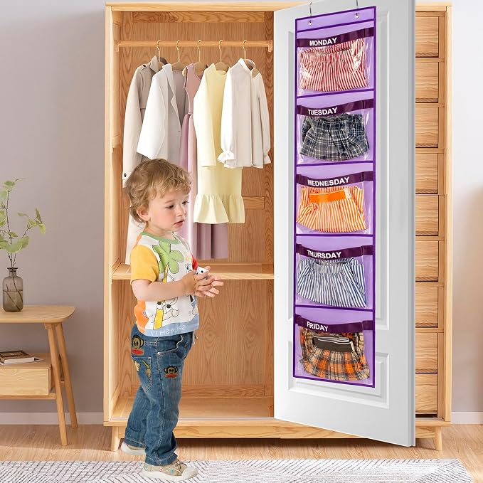2 Pcs Day of Week Clothing Organizer Monday to Friday School Clothes Organizer for Kids Weekly Hanging Closet Organizer (Purple)