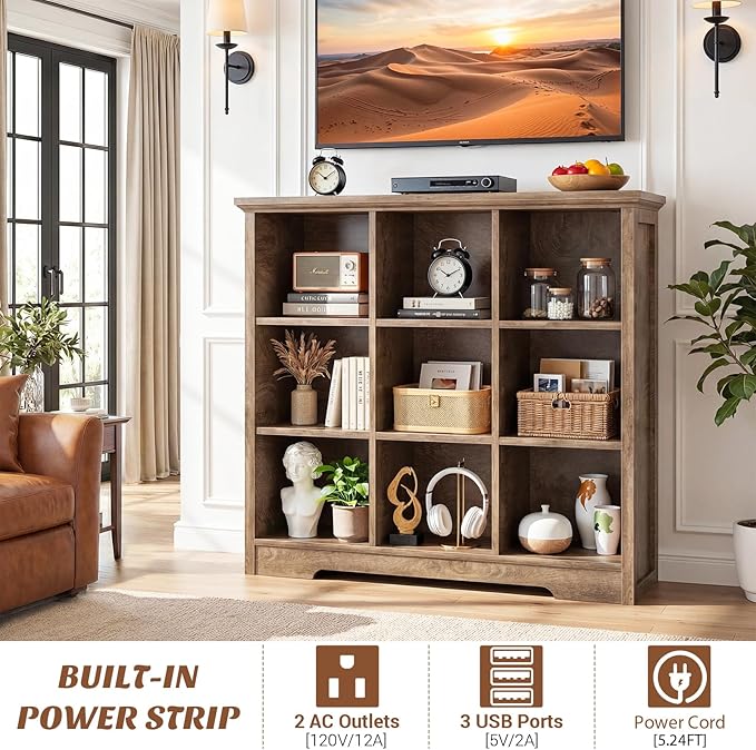 Aheaplus Wooden 9-Cube Storage Organizer with Charging Ports, Modern Cube Bookcase with Base, 4-Tier Floor Standing Open Cubbies Bookshelf, Cubicle Display Shelf for Home and Office, Cracked Oak
