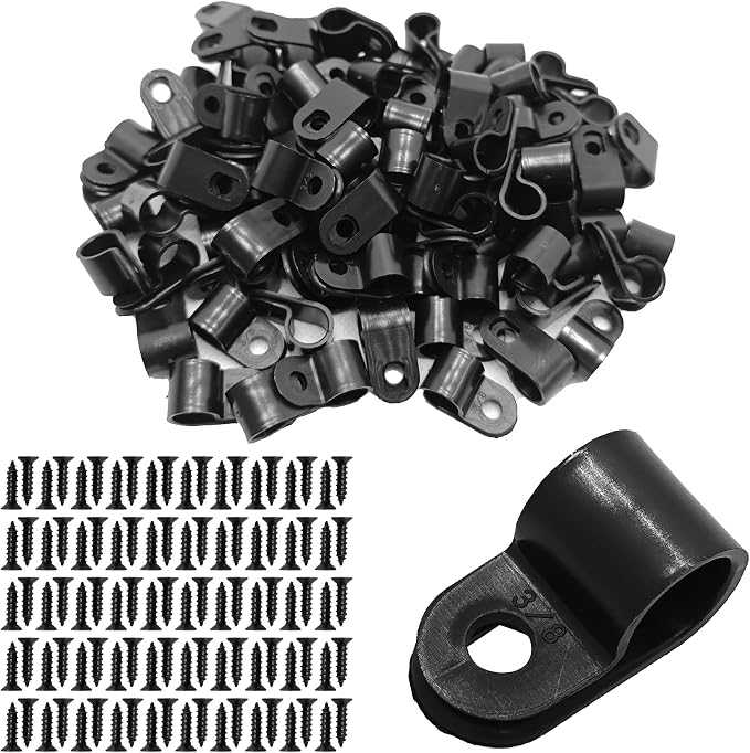 100Pcs R-Type Cable Clips 3/8" Black Nylon Plastic Wire Clamps with Mounting Screws, Cord Fastener Cable Management Organizer for Home Office Electrical Installation
