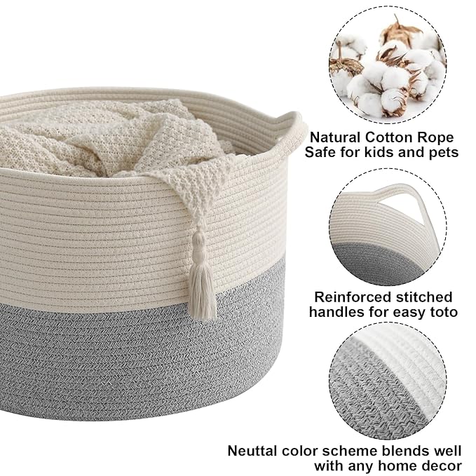 65L Large Blanket Basket,Woven Rope Laundry Basket Hamper with Handles,Decorative Nursery Basket Storage Bin for Toys, Pillows , Clothes Organizer, Living Room, Bedroom, Bathroom, White&Grey