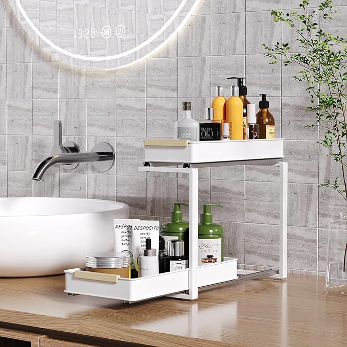 Under Sink Organizer, 2 Tiers Pull Out Bathroom Organizers and Storage, Slide Out Cabinet Organizer Shelf for Kitchen Bathroom, Multi-Purpose Collection Organizer Drawer Shelf (White, 2pcs)