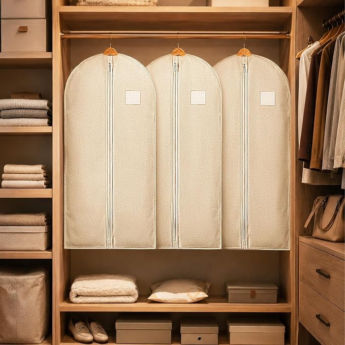 6 Pack Cotton Garment Bags 40" Garment Storage Bags for Hanging Clothes | Beige Travel Breathable Washable Suit Covers with ID Card Holder for Coats Jackets Shirts Short Dresses Closet Storage