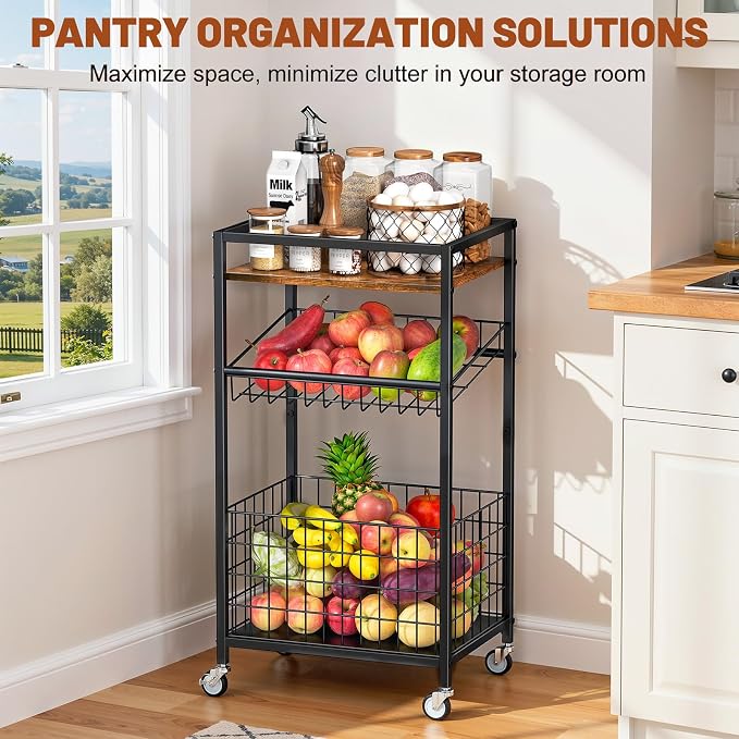 Fruit Vegetable Cart, 3-Tier Snack Cart on Wheels & Wood Top, Brown | Vegetable Rack For Kitchen, Kitchen Cart Organizer for Fruit, Vegetables, Potato, Snack