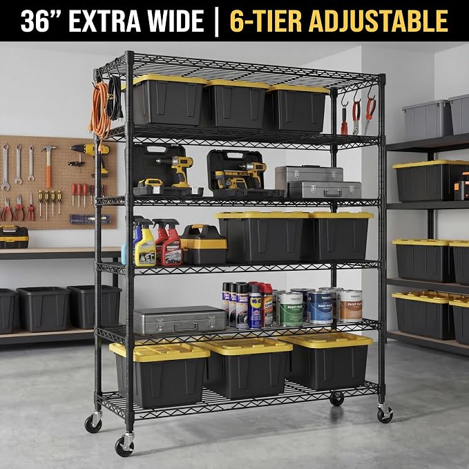 6-Tier Rolling Storage Shelves 36" W x 18" D x 78" H, Adjustable Wire Rack with Wheels & Hooks, 1500LBS Capacity, Splittable Design for Garage, Kitchen, Pantry, Aquarium Stand