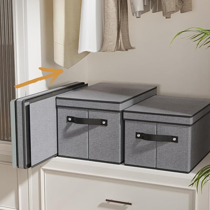 Storage Boxes with Lids, 15 x 9.8 x 8.3 Inch Storage Bins for Wardrobe Bedroom Laundry, Fabric Closet Organizers with Handles,Gray, 5-Pack
