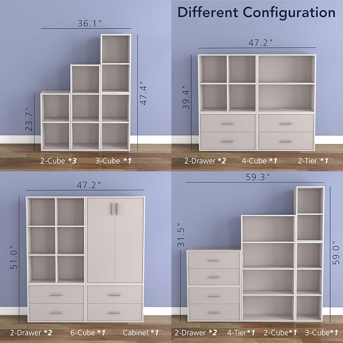 Homes: Inside + Out Apexa 3-Tier Cube Storage Organizer Shelves, Stackable Wood Bookcase Fits Cubby Bins for Organization, Dorm Teen Room Decor & Home Office, Taupe Grey