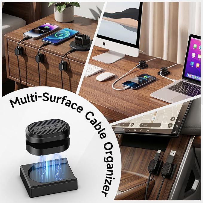 6-Pack Magnetic Cable Clips with Detachable Magnetic Base, Auto Dock Cable Organizer, Self-Adhesive Cord Holder for Round & Flat Cables, One-Hand Cable Management for Desk, Car, Office