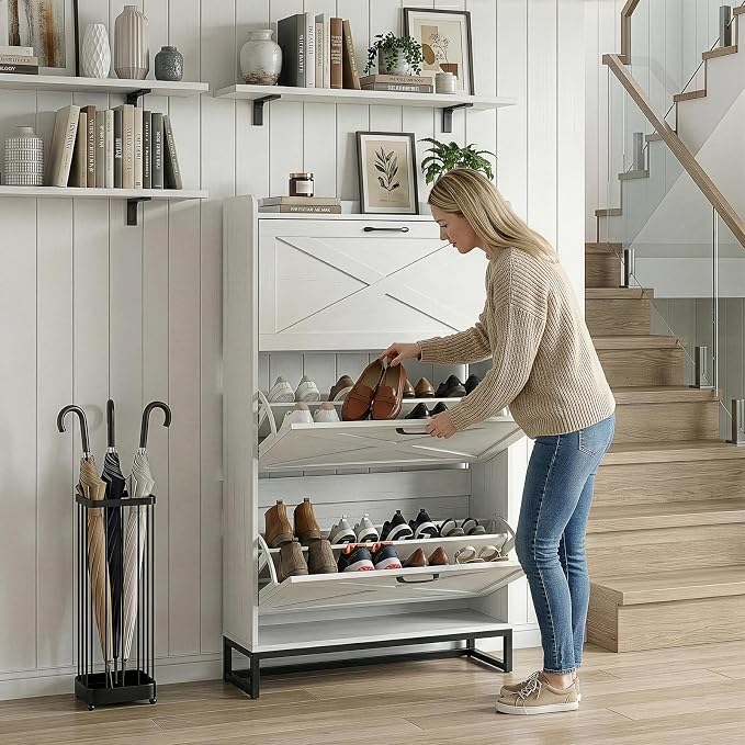 VINGLI Tall Farmhouse Shoe Cabinet with 3 Flip Drawers, Slim Entryway Shoe Storage Organizer with Metal Legs, Narrow Free Standing Wood Shoe Rack for 24 Pairs, Washed White (55" H)