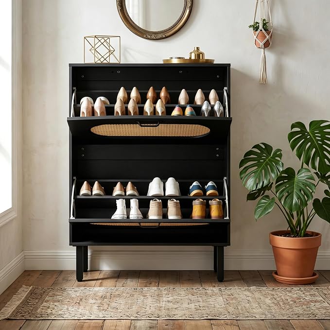 SUNCROWN Shoe Storage Cabinet with 2 Flip Drawers, Freestanding Narrow Shoe Rack Organizer for Entryway, Natural Semi-Circular Rattan Doors with Adjustable Shelves, Black