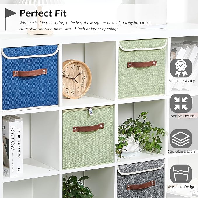 2PCS Storage Cubes with Lid Fabric Storage Bin Box PU Leather Handles Cotton Linen Closet Organizer Container Decorative Foldable Washable Shelf Cloth Basket (Zipper Lid, Deep Blue, 11in)
