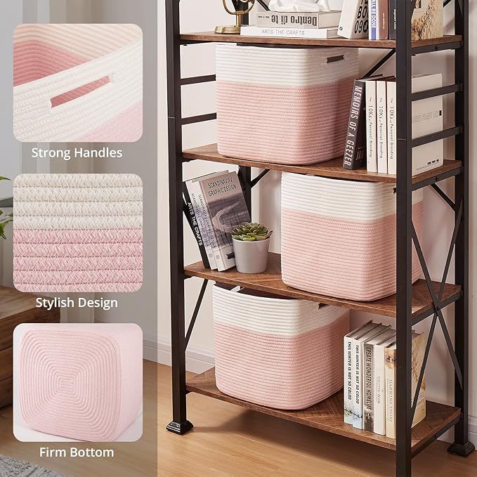 OIAHOMY 13 Inch Cube Storage Bins, 3-Pack Cotton Rope Woven Baskets for Organizing, Insert Storage Baskets for Shelves, Baby Nursery, Closet Organizer, 13 * 13 * 12.6IN, Pink & White
