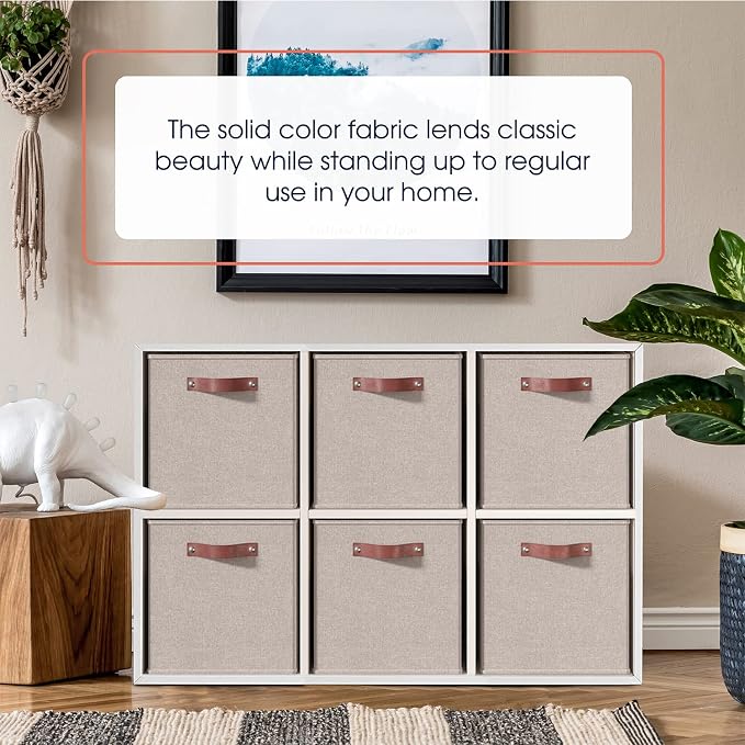 Ornavo Home 13x13 Foldable Fabric Storage Cube Bins, 6 Pack, Beige | Collapsible Linen Shelf Basket Organizer; Leather Handles; Ideal Cube Storage For Closet