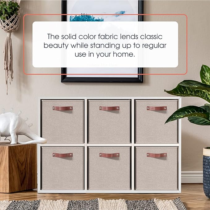 Ornavo Home 13x15x13 Foldable Fabric Storage Cube Bins, 6 Pack, Beige | Collapsible Linen Shelf Basket Organizer; Leather Handles; Fits Cube Storage Shelving Units
