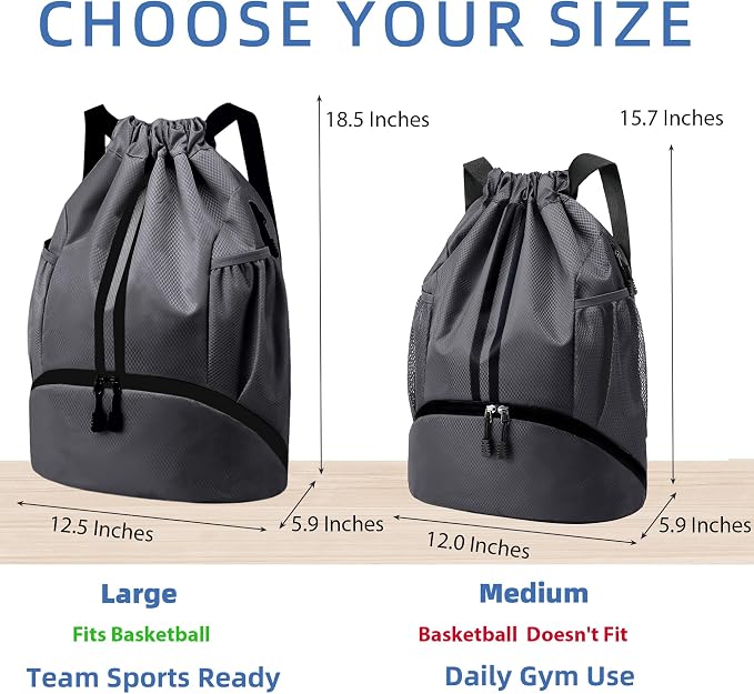 JELUTAR Drawstring Backpack Gym Bag with Shoes Compartment for Soccer, Basketball, Swim, Water-Resistant String Backpack Beach Cinch for Women Men, Dark Grey