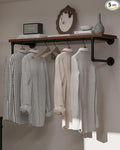 Clothes Rack 36in, Wall Mounted Garment Racks with Brown Real Wood Shelf, Heavy Duty Hanging Clothes Rack, Multi-Purpose Hanging Rod, Space-Saving Closet Storage