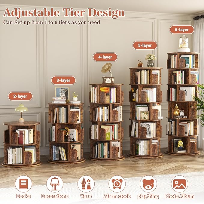 Aheaplus 6 Tier Rotating Bookshelf, Wood Spinning Bookshelf Tower, Round Revolving 360 Bookcase, Narrow Turning Book Shelf Rolling Corner Organizer for Small Space, Bedroom, Office, Rustic Brown