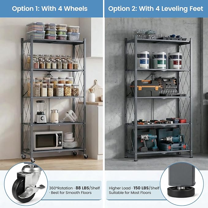 ALANNG 70.7" H Metal Storage Shelves, 5 Tier Folding Shelf on Wheels | Heavy Duty, No Assembly, Rolling, Collapsible Rack Unit for Kitchen, Basement, Pantry (Gray,2 Pack)