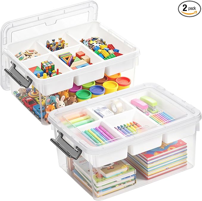 Citylife 17QT 2Packs Plastic Storage Box with Removable Tray Craft Organizers and Storage Clear Storage Container for Organizing Bead, Sewing, Playdoh, Markers, Tools, Coloring book