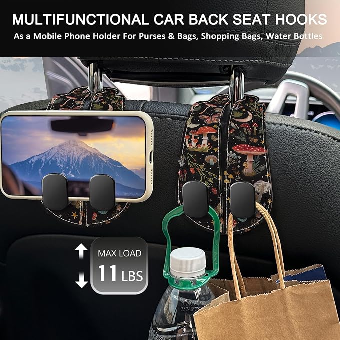 Blusabaca 2PCS Car Seat Headrest Hooks, Purses Bags Holder, Cute Mushroom | PU Leather, Double Metal Back Storage Hangers for Grocery Bags Handbags Bottles Coats Phones, Car Accessories Organization