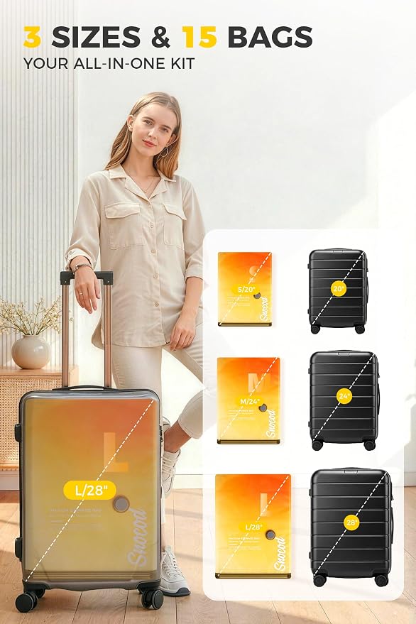 Travel Vacuum Bags with Pump, 15 Pack Vacuum Storage Bags for Clothing, Brushless Motor Type-C Rechargeable Pump, Compression Packing Bags for Travel, Suitcase, Closet and Home Storage, Yellow