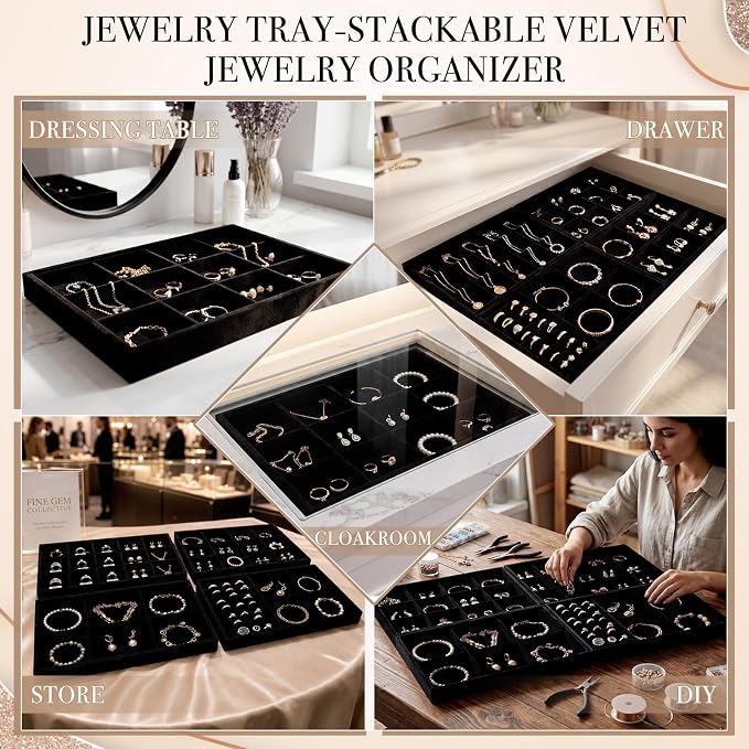 Unittype Set of 4 Stackable Jewelry Organizer Tray for Drawer Inserts Velvet Necklace Earring Bracelet Ring Holder Jewelry Display Storage Box for Bangle Stud Necklace Ring (Mixed Styles,Black)