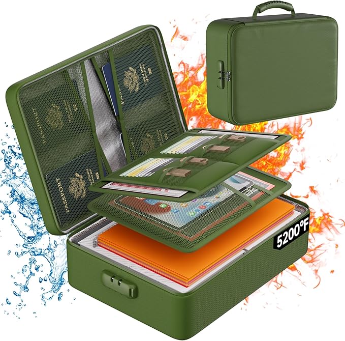 DocSafe 5200°F Fireproof Document Organizer Box with Lock, Green (Soft) | Heat Insulated 8 Layers File Protection Bag,Water-Resistant Zipper,Portable Home Office Travel Safe Storage for Files,Laptop
