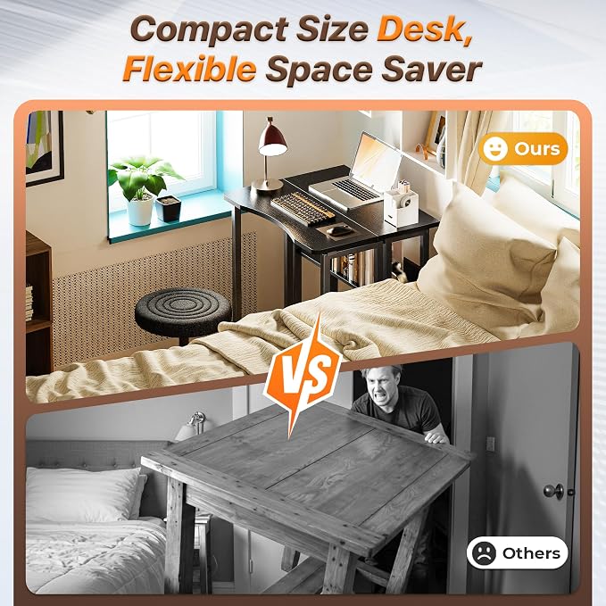 Huuger Folding Desk with Storage Shelf, 23.6 Inch Foldable Computer Table for Small Spaces, Space Saving Sofa Table for Couch, Writing Work Office Computer Desk, Easy to Fold, Black