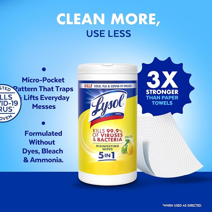Lysol Disinfecting Wipes, Multi-Surface Cleaner, Lemon, 80 ct. | All Purpose Cleaner, Sanitizing, Deodorizing, Apartment Essentials, Back To School Cleaning Supplies, Kitchen & Bathroom Wipe