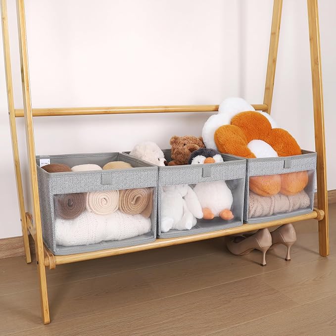 WUIKE Closet Storage Bins, Medium Storage Boxes with Clear Window, Fabric Storage Baskets for Organizing Clothes, Sheets, Blankets, Decorative Storage Bins, Herringbone Gray
