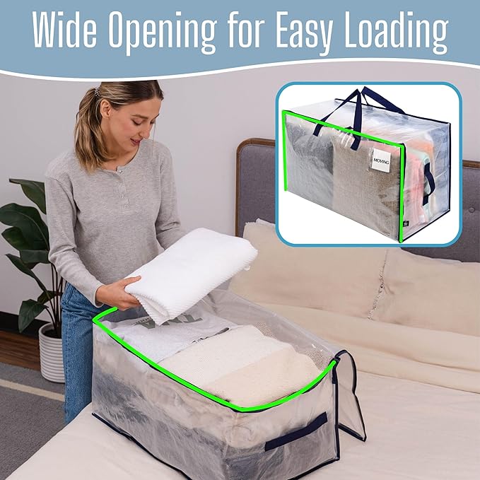 VENO 6 Pack Clear Extra Large Moving Bags & Storage Totes, Heavy Duty Organizer with Reinforced Handles & Strong Zippers for Clothes, College Dorm Essentials, Moving Supplies