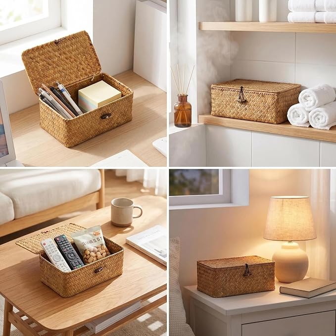 Wicker Handwoven Seagrass Storage Baskets for Organizing With Lids,boho rectangle decorative storage boxes, stackable natural rattan for Shelf,Closet,Bedroom,bathroom,three-piece set