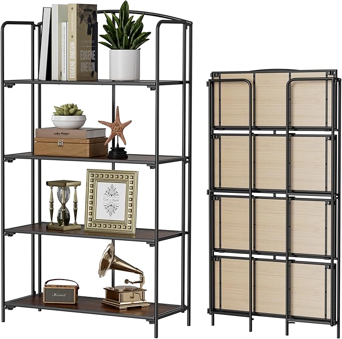 Crofy 4-Tier Wider Foldable Bookshelf, Black Frame & Walnut Shelves | No-Assembly Collapsible Portable Storage Organizer; Sturdy Walnut Finish Shelves; Ideal for Living Room & Home Office