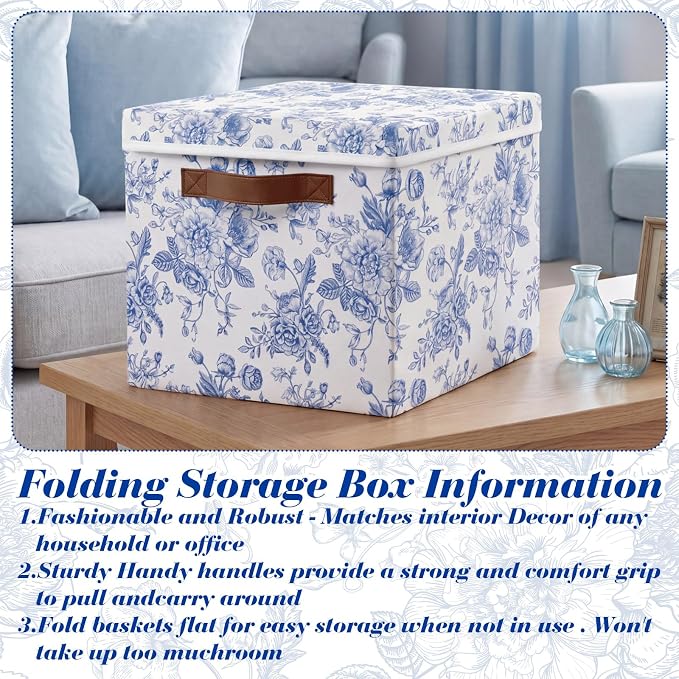 Domensi 2 Pack Large Fabric Storage Bins with Lids, 14x10x9.5 Inch Blue Floral Decorative Closet Organizer with Leather Handle Stackable Folding Clothing Storage Boxes for Bedroom Shelves(Lidded)