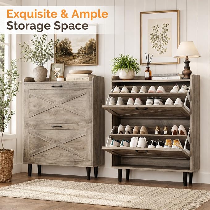 VINGLI Shoe Storage Cabinet for Entryway with 2 Flip Drawers, Ultra Slim Freestanding Entryway Shoe Organizer with Wood Tapered Legs,Hidden Closed Shoe Rack,31.6" W * 9.4" D * 39.4" H, Washed Gray