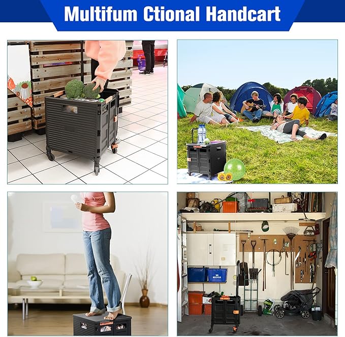 Foldable Utility Cart,Rolling Crate Heavy Duty Shopping Cart with 360° Silent Wheel with Brake System,55L Capacity,Transport Weight up to 177 Pounds,Travel Shopping Moving Luggage Office Use