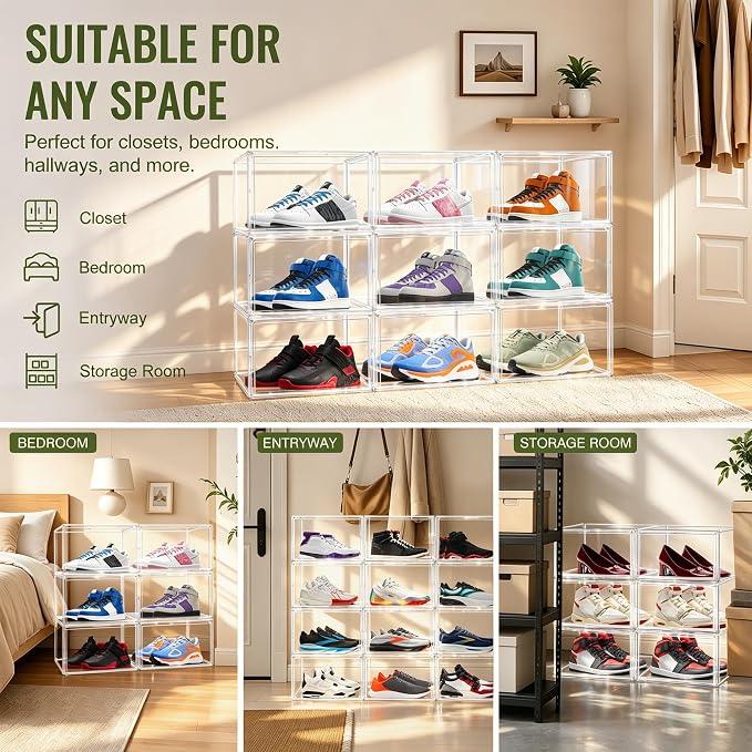 12 Clear Acrylic Shoe Box,Stackable Organizer for Everyday Footwear | Fits size 14 sneakers,casual shoes and athletic footwear.Clear acrylic design with magnetic door & dustproof storage. 12 Pack