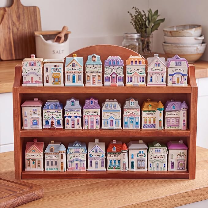 Chunful Vintage Spice Jar Wooden Rack Brown Rustic 3-tier Spice Shelf for 24 Jars, Village Style Wall Mounting Kitchen Storage Decorative Hanging Display Rack, Shelf Only