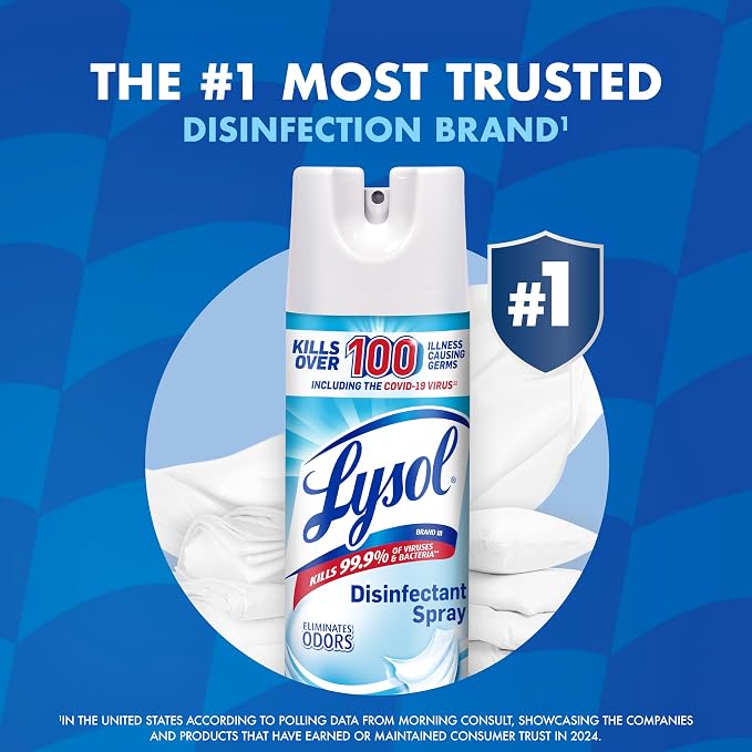 Lysol Disinfectant Spray, Household Essential Cleaning Supplies, Multi-Purpose Room Spray, Antibacterial Sanitizer Spray, Upholstery Deodorizer, Home and Bathroom, Crisp Linen,19 Fl Oz