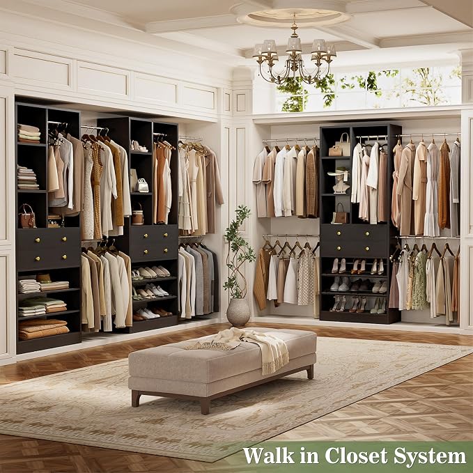 Besiost Closet System, 4.2–8.8 FT Closet Organizer with 2 Wooden Drawers and Shelves, Walk-in Closet System with 5 Hang Rods, Built-in Closet Tower, Can Fit 60 to 96 inch, Black