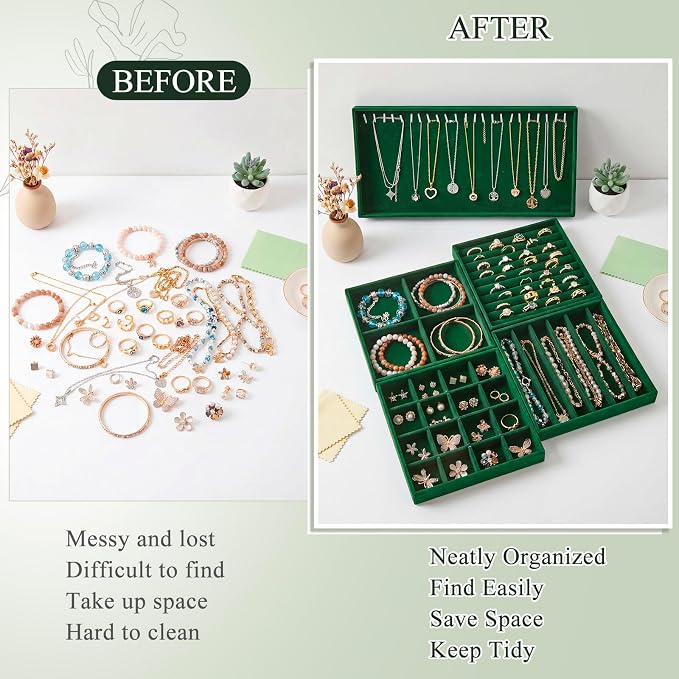 Cinnvoice Set of 10 Stackable Jewelry Organizer Trays for Drawer 14 Inch Velvet Jewelry Drawer Insert Display Storage with Removable Divider for Necklace Earring Ring Watch Bracelet (Dark Green)