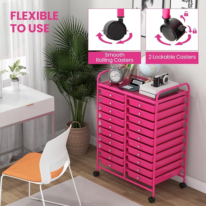 DREAMADE Rolling Cart with Storage Drawers, Utility Cart w/Removable Plastic Drawers, Lockable Wheels, Art Cart for Classroom Organization Art Supplies Office Scrapbook (20 Drawers, Hot Pink)