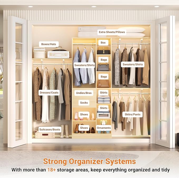 Armocity 8FT Heavy Duty Wood Closet System, 1500 LBS+ Capacity Wall Mounted Walk-in Closet Organizer with 2 Drawers & 4 Hanging Rods, 96'' Custom Bedroom Storage Wardrobe, Natural