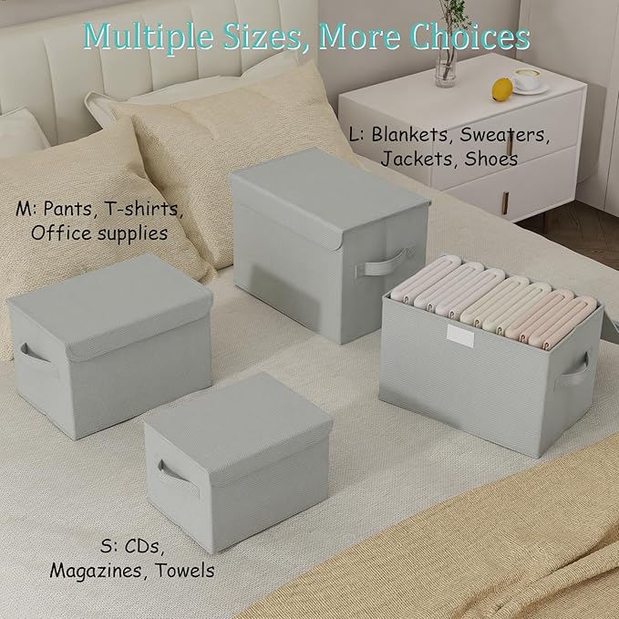 Storage Bins with Lids for Organizing, 4 Pack, Grey, 15x9.8x9.8 In | Closet Boxes with 2 Carrying Handles and Sturdy Heavy PP-board, Home Organizers Cubes for Clothes, Towels, Blanket