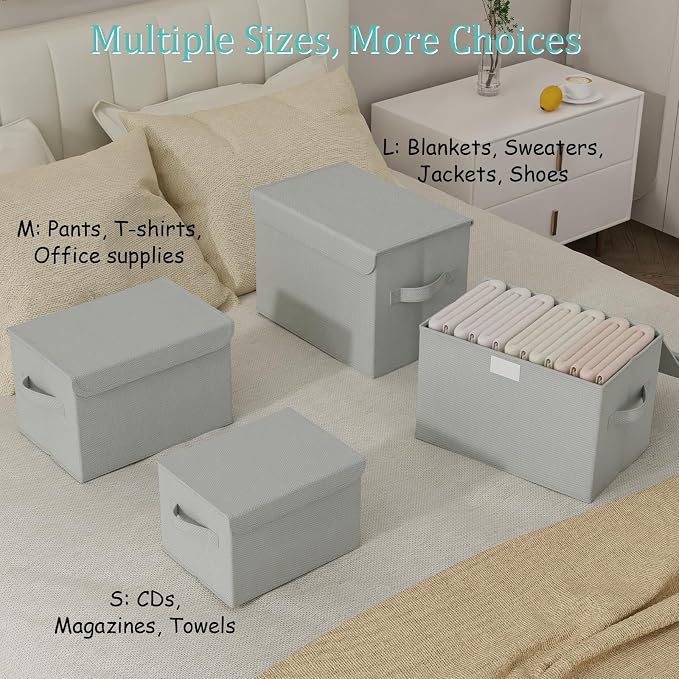 Storage Bin with Lid, Closet Boxes, 2 Pack, Grey, 10.2x7.9x6.7 In | Fabric Organizers System with Cover, Collapsible Stackable Clothes Basket with 2 Handles, for Kitchen Cupboards, TV Consoles