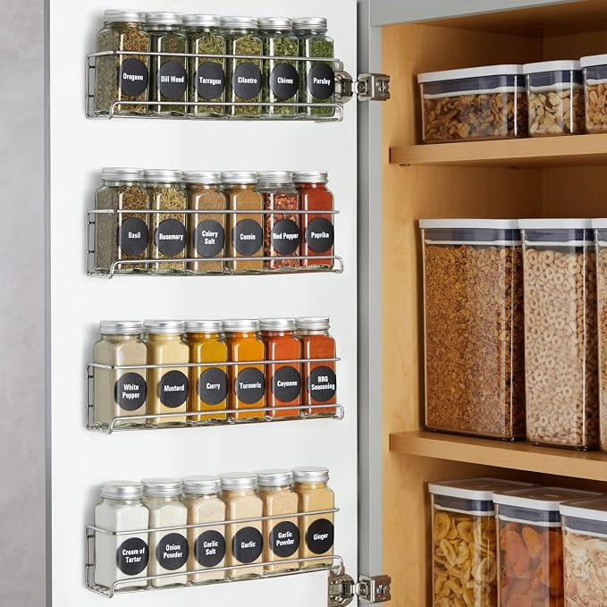 Talented Kitchen Spice Rack Organizer - 4 Stainless Steel Wall-Mounted Racks - 24 4 oz Glass Jars & 269 Preprinted Labels, Chrome - Kitchen & Cabinet Seasoning Organizer for Space Saving Spice Storage